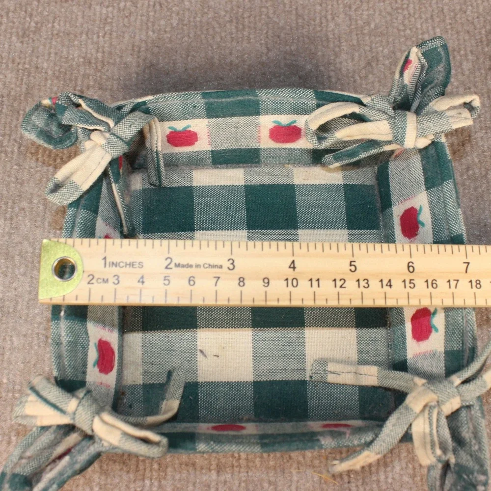 Vintage Green Gingham Quilted Fabric Bread Basket with Apple Motif and Ties